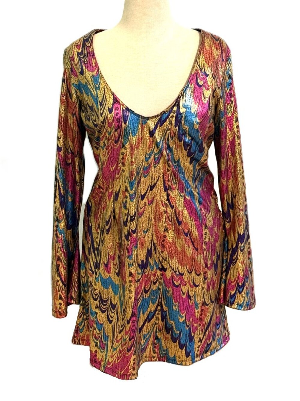Charades Disco GoGo Dress Womens Large 70s Psychedelic Retro Bell Sleeve Costume
